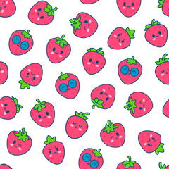 Cute happy strawberry character emoticon. Seamless pattern. Kawaii cartoon fruit. Hand drawn style. Vector drawing. Design ornaments.