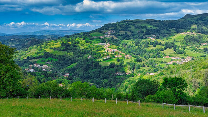 Piñera village and Sierra de Peñamayor in background, Bimenes municipality, Asturias, Spain