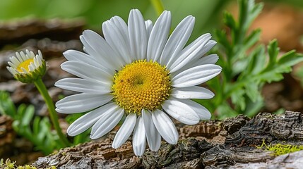   White and yellow flower on tree stump in green grass field