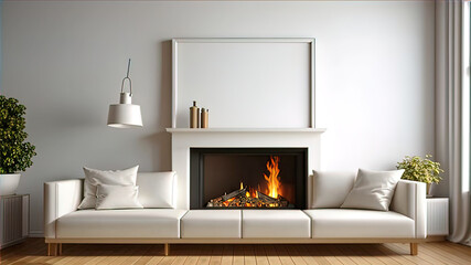 cozy place in home interior, soft sofa in front of burning fireplace, wall and photo frame, modern minimalist interior
