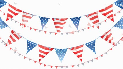 Fototapeta premium Patriotic American flag bunting in a vibrant flat design, highlighting the essence of national pride and liberty, on a white background