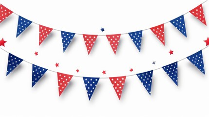 Obraz premium Patriotic American flag bunting in a vibrant flat design, highlighting the essence of national pride and liberty, on a white background