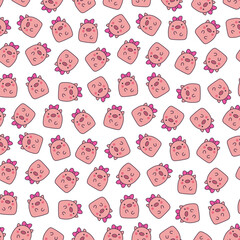 Cute kawaii little pig. Seamless pattern. Smiling nice cartoon animal character. Hand drawn style. Vector drawing. Design ornaments.