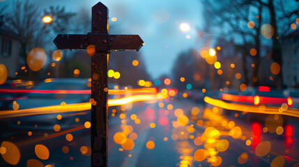 A Christian cross on a busy street corner at dusk, with passing cars leaving trails of lights that form a dynamic golden bokeh, highlighting the cross's presence in everyday life.