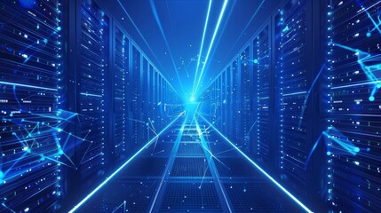 Obraz premium Within a data center, server corridors are illustrated with polygonal construction of interconnected elements against a blue background.