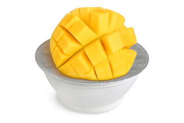 White packaging of yogurt or other dairy product and a mango slice on an isolated white background.