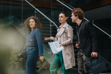 Three business professionals engaging in a conversation about project documents while walking...