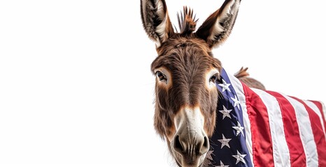 Fototapeta premium Donkey standing with US flag on white background