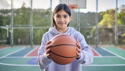 teen boy holding a basketball on an outdoor court