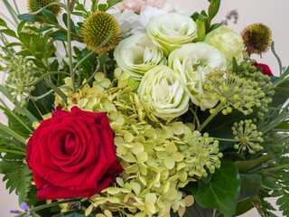 Bouquet of white, red, pink and green flowers