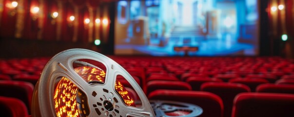 Film strip with cinema screen in background