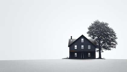 A minimalist haunted house outline in the upperright third, with a stark white background