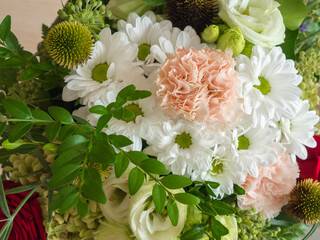 Bouquet of pink, white and green flowers