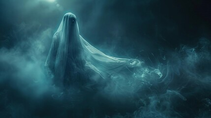 A realistic ghost figure with translucent details, floating in the upperright third of the image with a foggy, moonlit night sky