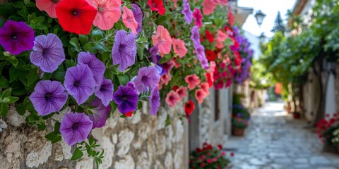 Fototapeta premium Colorful Petunias Blooming Along Stone Wall in European Town