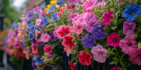 Naklejka premium Vibrant Petunia Blooms in a City Balcony Garden