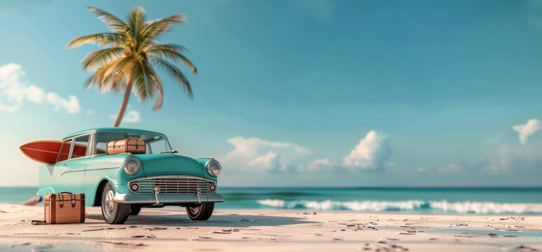 Fototapeta Vintage Car Parked on a Tropical Beach With Palm Trees