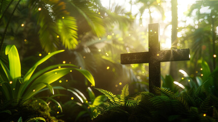 A Christian cross in a tropical rainforest, with sunlight filtering through the dense canopy to create a golden bokeh effect around the lush greenery and the solitary cross.