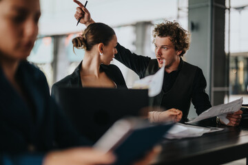 Business team engaged in a discussion about project ideas while reviewing documents and working on a laptop in a modern office setting.