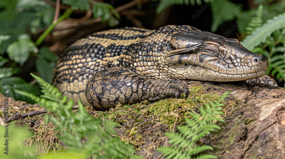 Poster a close-up of a snake resting on a log amidst a forest's lush greenery, including a tree trunk