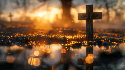 A Christian cross at a historical battlefield at sunset, with the fading light casting long shadows and creating a poignant golden bokeh that reflects the solemnity of the site.