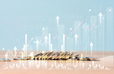 A stack of coins and a graph with growing indicators on a blue background. Profit growth