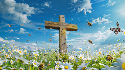 A Christian cross in a field of blooming daisies under a spring blue sky, with bees and butterflies fluttering around, symbolizing life and resurrection.