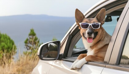 A dog is sitting in a car window with sunglasses 