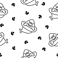 Funny kawaii ocean shark. Seamless pattern. Coloring Page. Smiling jaws and comic marine animals character. Hand drawn style. Vector drawing. Design ornaments.