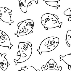 Fototapeta premium Funny kawaii ocean shark. Seamless pattern. Coloring Page. Smiling jaws and comic marine animals character. Hand drawn style. Vector drawing. Design ornaments.