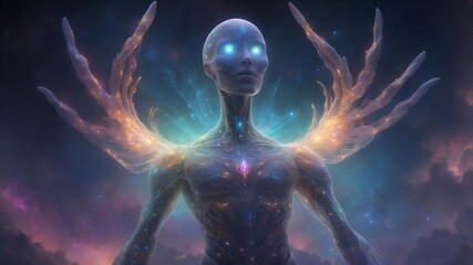 A shimmering silicon sentinel, its form constantly shifting and evolving, emanating an otherworldly allure.