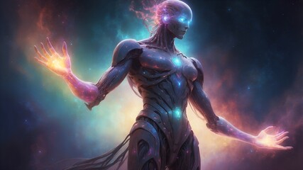 A shimmering silicon sentinel, its form constantly shifting and evolving, emanating an otherworldly allure.