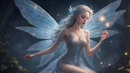 A luminous ethereal fairy, her ethereal form adorned in shimmering silver and opalescent hues, with delicate wings that seem to glow with an inner light. 