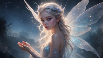 A luminous ethereal fairy, her ethereal form adorned in shimmering silver and opalescent hues, with delicate wings that seem to glow with an inner light. 