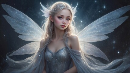 A luminous ethereal fairy, her ethereal form adorned in shimmering silver and opalescent hues, with delicate wings that seem to glow with an inner light. 