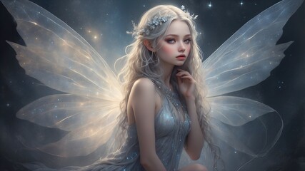 A luminous ethereal fairy, her ethereal form adorned in shimmering silver and opalescent hues, with delicate wings that seem to glow with an inner light. 