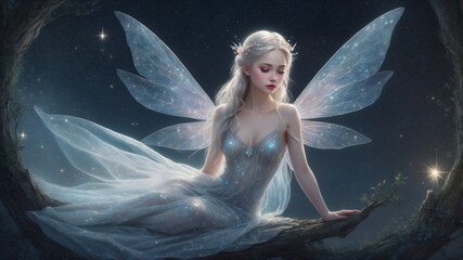A luminous ethereal fairy, her ethereal form adorned in shimmering silver and opalescent hues, with delicate wings that seem to glow with an inner light. 