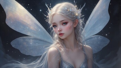A luminous ethereal fairy, her ethereal form adorned in shimmering silver and opalescent hues, with delicate wings that seem to glow with an inner light. 