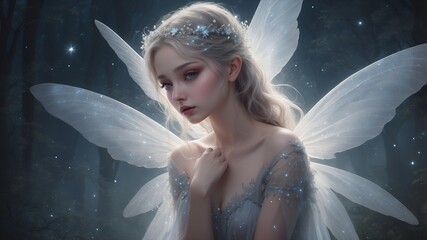 A luminous ethereal fairy, her ethereal form adorned in shimmering silver and opalescent hues, with delicate wings that seem to glow with an inner light. 