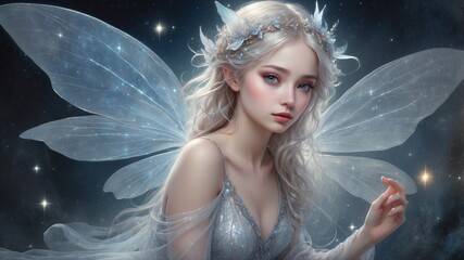 A luminous ethereal fairy, her ethereal form adorned in shimmering silver and opalescent hues, with delicate wings that seem to glow with an inner light. 