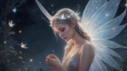 A luminous ethereal fairy, her ethereal form adorned in shimmering silver and opalescent hues, with delicate wings that seem to glow with an inner light. 