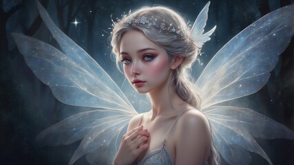 A luminous ethereal fairy, her ethereal form adorned in shimmering silver and opalescent hues, with delicate wings that seem to glow with an inner light. 
