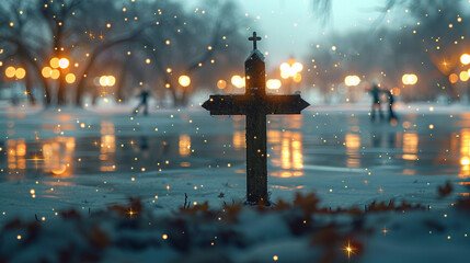 A Christian cross at the center of a frozen lake, with ice skaters in the distance whose lights...