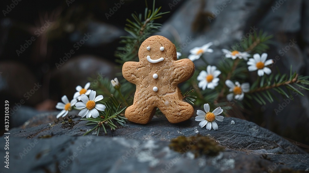 Poster a close-up ginger on a rock surrounded by daisies with a pine tree in the background