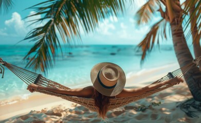Woman Relaxing in Hammock on Tropical Beach
