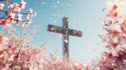 A Christian cross surrounded by blooming cherry blossoms, with petals falling gently around it under a clear spring sky, symbolizing renewal and life.