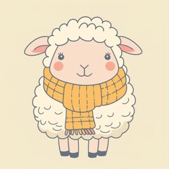 Fototapeta premium Cute cartoon sheep with a yellow scarf, standing on a beige background. Ideal for children's illustrations or playful designs.