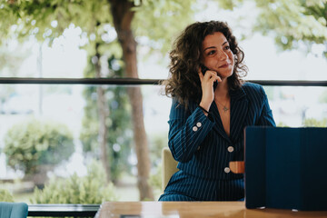 Confident businesswoman in a suit having a phone conversation while working at an outdoor cafe,...