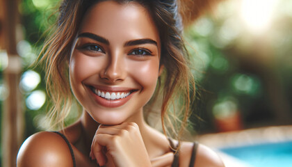 Close-Up Portrait of a Smiling Young Woman with Natural Background Capturing Joyful Expression