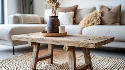 Minimal living room with wooden coffee table near sofa close-up